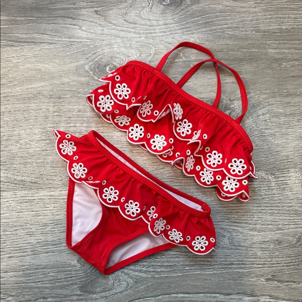 Janie and Jack Red Floral Ruffle Bikini Set 2t